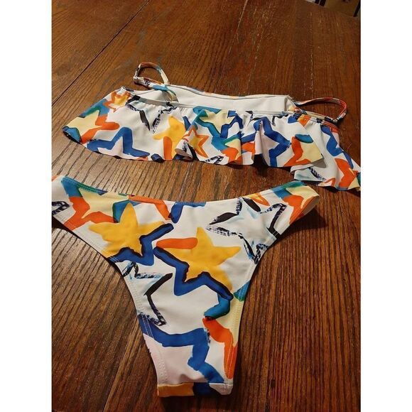 Medium Sexy Bikini Ruffle Top Multi-Color Star Swimsuit Bathing Suit Swimwear - Picture 2 of 2
